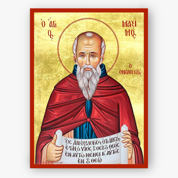 Icon of Saint Maximus the confessor,  with a red robe and white beard on a gold background
