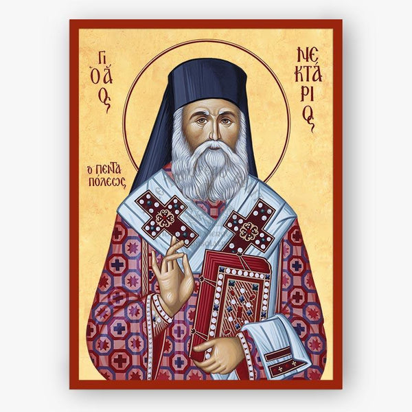 Icon of a religious figure with a red border and gold background