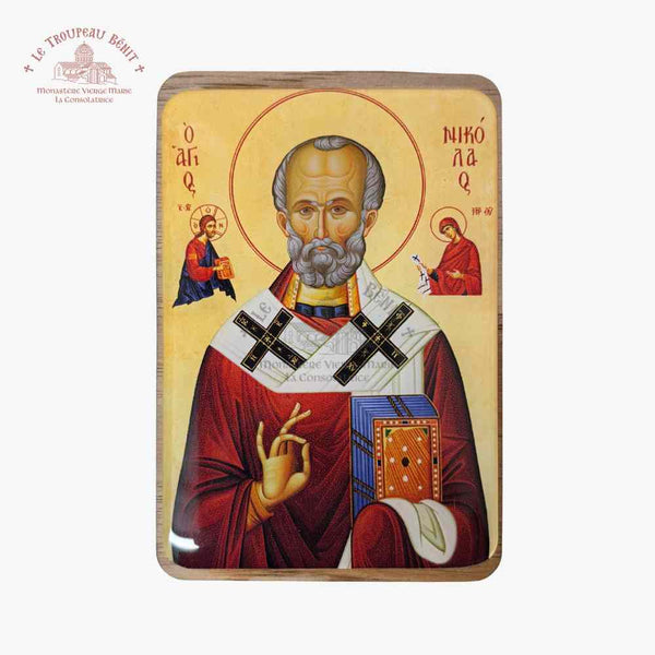 Icon of a religious figure with a gold border and text, featuring a prominent cross with 'Troupeau Benit' logo branding