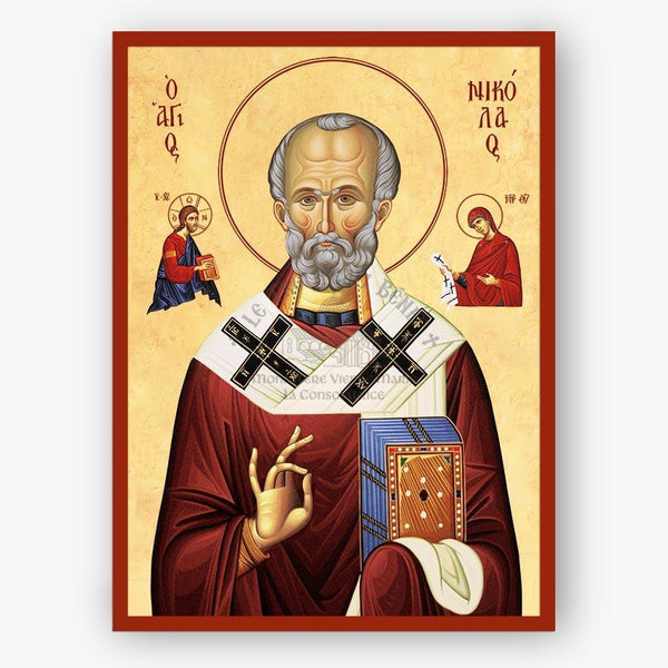 Icon of Saint Nicholas with a red border and beige background