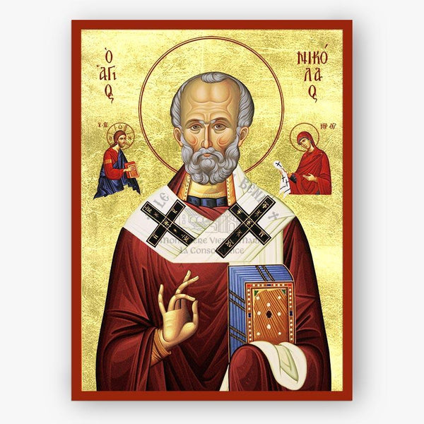 Icon of Saint Nicholas with a red border and gold background