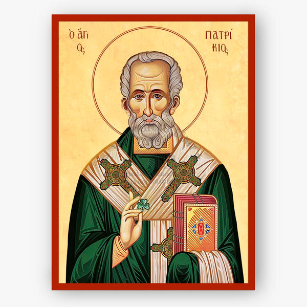 Icon of Saint Patrick of Ireland  holding a book and cross on a beige background and a red border