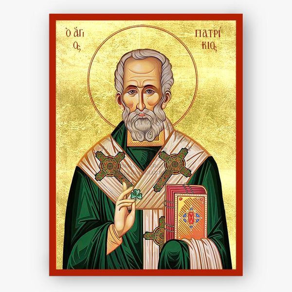 Icon of Saint Patrick of Ireland  holding a book and cross on a gold background and a red border