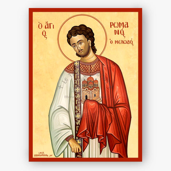 Saint Romanos the Melodist, icon holding a church and clothed with deacon's vestments on a beige background with a red border