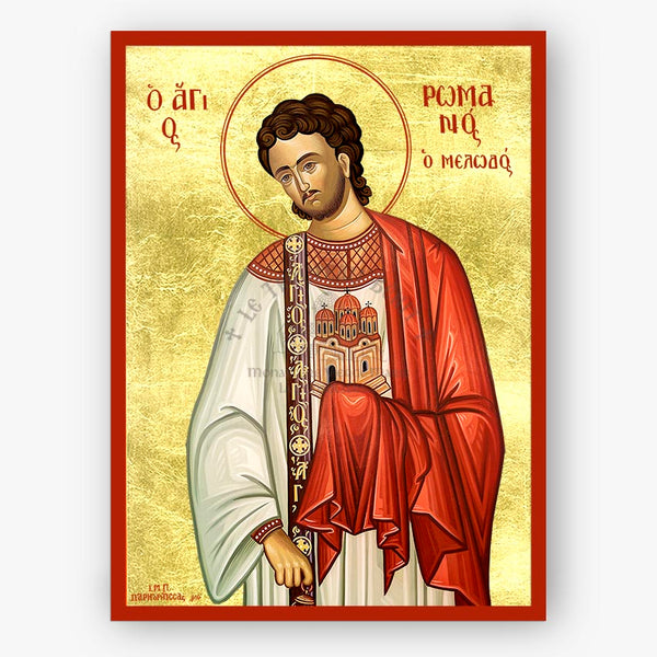 Saint Romanos the Melodist, icon holding a church and clothed with deacon's vestments on a gold background with a red border