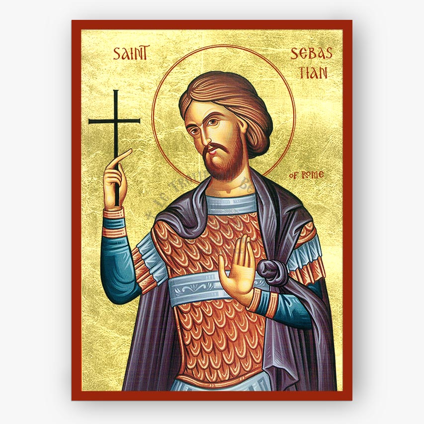 Illustration of saint Sebastian in English writing holding a cross on a gold background