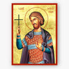 Illustration of saint Sebastian in English writing holding a cross on a gold background
