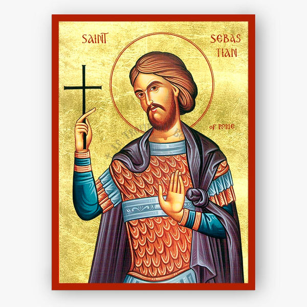 Illustration of saint Sebastian in English writing holding a cross on a gold background