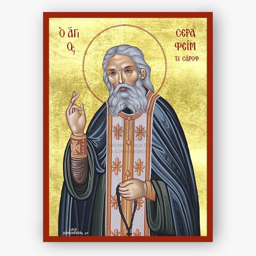 Saint Seraphim of Sarov blessing and holding a prayer rope on a gold background with a red border.