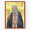 Saint Seraphim of Sarov blessing and holding a prayer rope on a gold background with a red border.