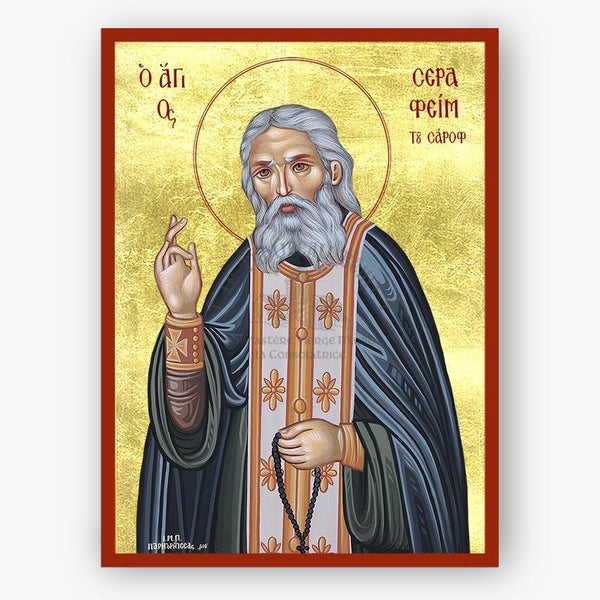 Saint Seraphim of Sarov blessing and holding a prayer rope on a gold background with a red border.