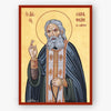 Saint Seraphim of Sarov blessing and holding a prayer rope on a beige background with a red border.