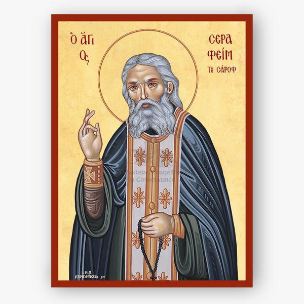 Saint Seraphim of Sarov blessing and holding a prayer rope on a beige background with a red border.