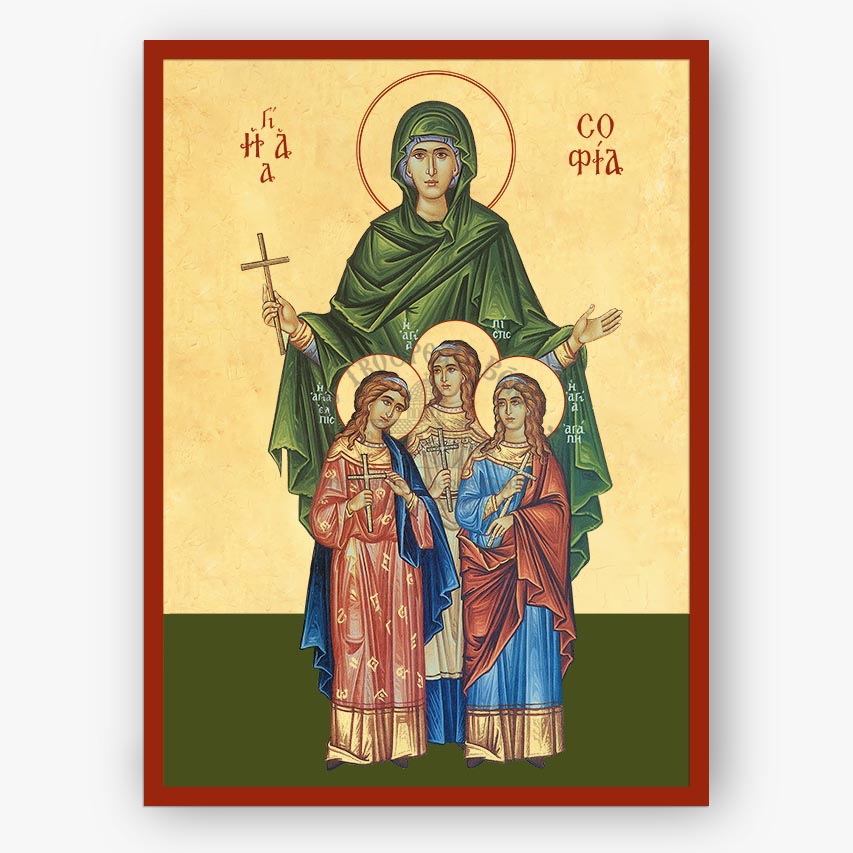 Icon of Saint Sophia the martyr of Rome and her three daughters  holding a cross, on a beige background.