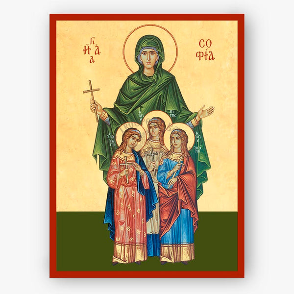 Icon of Saint Sophia the martyr of Rome and her three daughters  holding a cross, on a beige background.