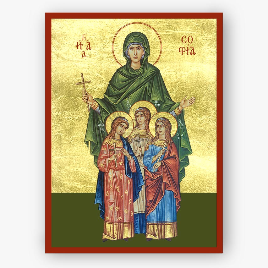 Icon of Saint Sophia the martyr of Rome and her three daughters on a gold and green background