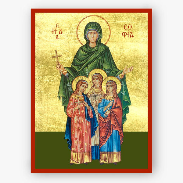 Icon of Saint Sophia the martyr of Rome and her three daughters on a gold and green background