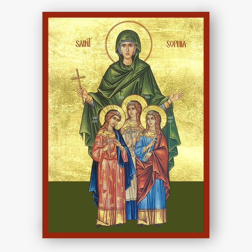 Icon of Saint Sophia the martyr of Rome and her three daughters on a gold and green background with the name written in English 
