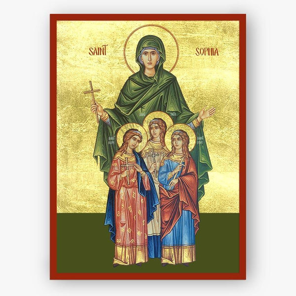 Icon of Saint Sophia the martyr of Rome and her three daughters on a gold and green background with the name written in English 