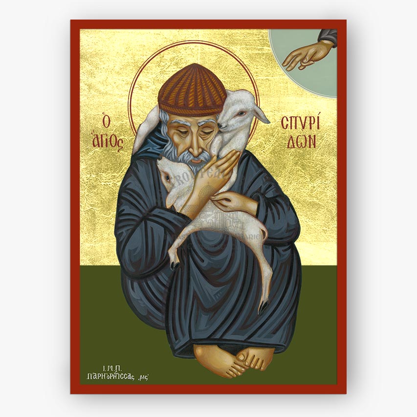 A religious icon print depicting Saint Spyridon holding a white lamb, with a gold background, red border, and dark green lower section. The icon is shown against a light gray background.