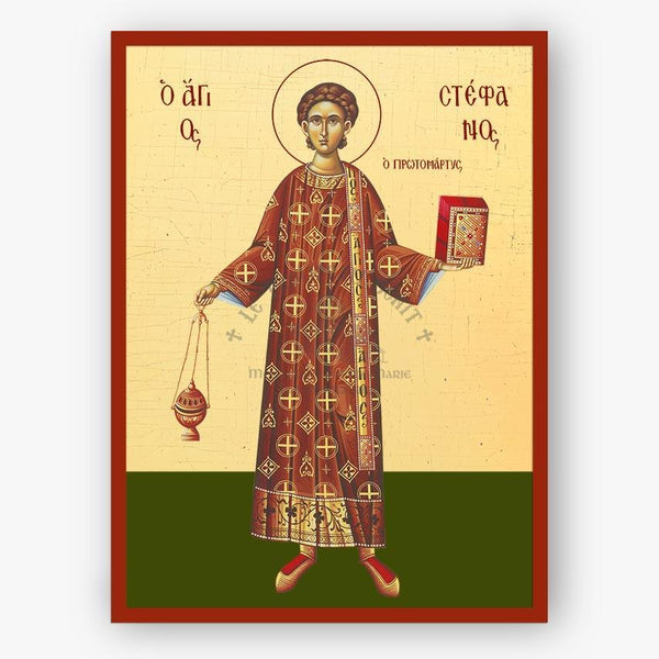 Icon of Saint Stephen the Protomartyr in traditional attire with a red border and gold accents.