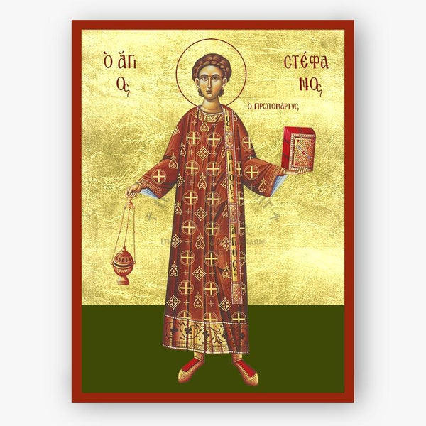 Icon of Saint Stephen the Protomartyr holding a book and a censer on a gold and green background