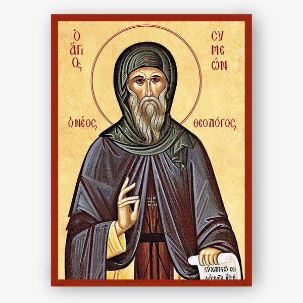 Icon of Saint Symeon the New Theologian, with Greek text on a beige background