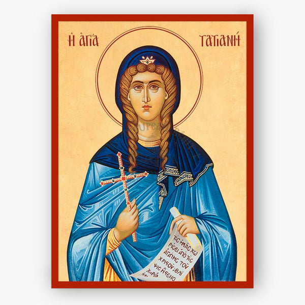 An Orthodox Christian icon of Saint Tatiana on a beige background with a red border. The saint is depicted with brown hair in braids, wearing a deep blue mantle and veil with gold embroidery, holding a small cross and a scroll with Greek text.