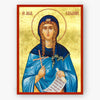 A religious icon print of Saint Tatiana, featuring a gold background, a red border, and a figure in blue robes holding a cross and scroll, shown against a light gray background.