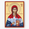 A Byzantine-style religious icon painting of Saint Thekla the Protomartyr on a cream background with a red border. The figure wears a red veil and blue-and-white garments, holds a red cross, and holds a book.