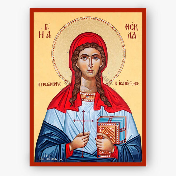 A Byzantine-style religious icon painting of Saint Thekla the Protomartyr on a cream background with a red border. The figure wears a red veil and blue-and-white garments, holds a red cross, and holds a book.