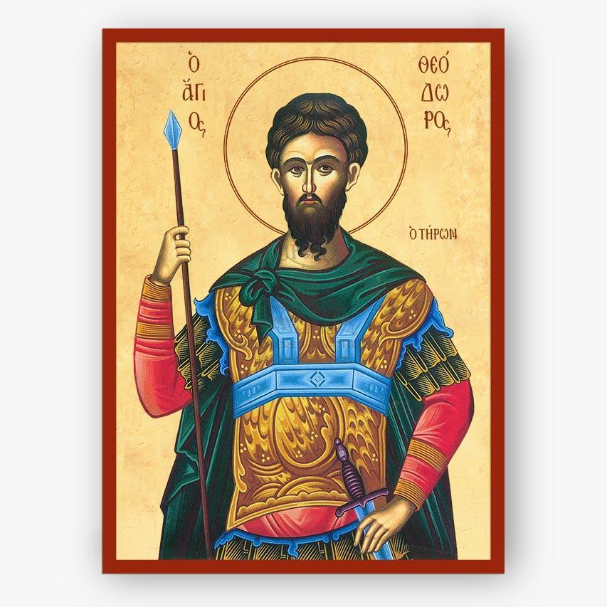 Icon of Saint Theodore the Tyro holding a spear on a beige background