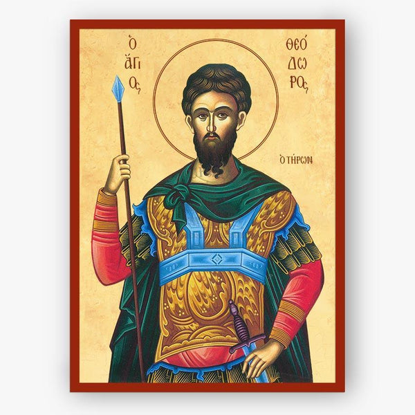 Icon of Saint Theodore the Tyro holding a spear on a beige background