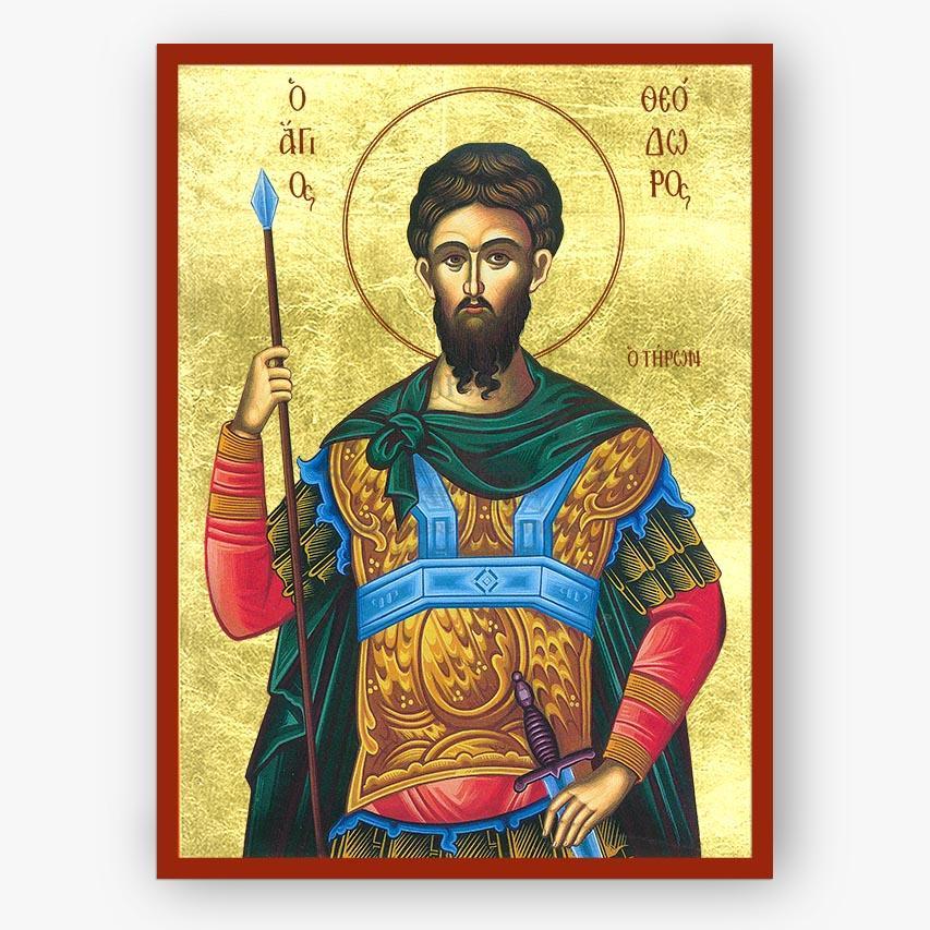 Icon of Saint Theodore the Tyro with armor and spear on a gold background