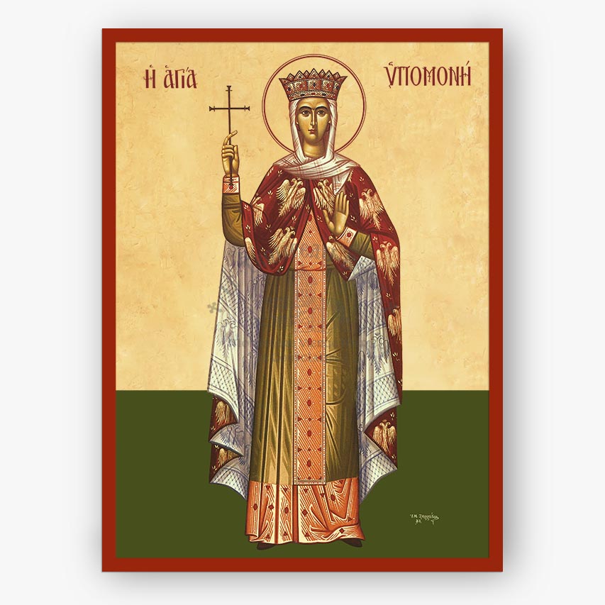 An Orthodox Christian icon of Saint Ypomoni holding a cross, featuring a beige background, a red border, and a dark green base. The icon is presented on a clean white background.