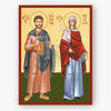 Icon of Saints Adrian & Natalia holding religious symbols on a beige background with red border