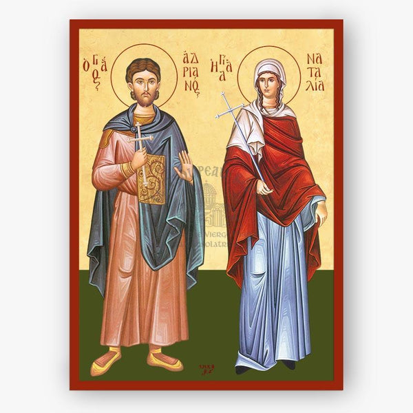 Icon of Saints Adrian & Natalia holding religious symbols on a beige background with red border