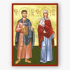 Icon of Saints Adrian & Natalia holding religious symbols on a gold background