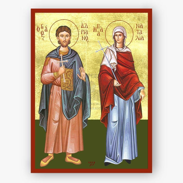 Icon of Saints Adrian & Natalia holding religious symbols on a gold background