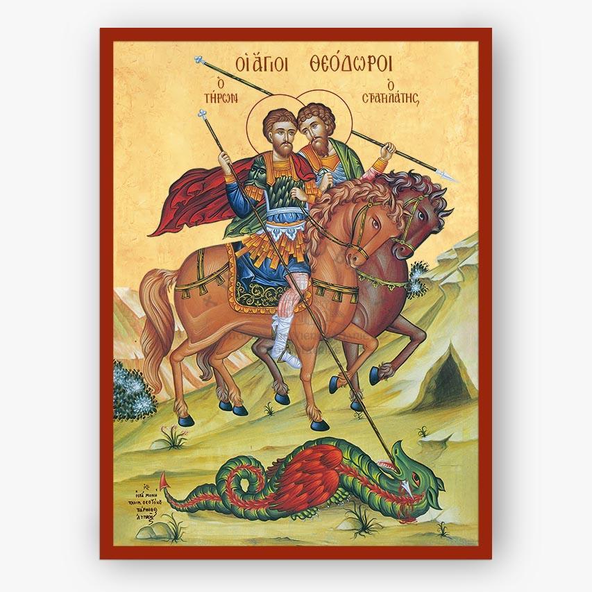 Icon of Sts. Theodore the Tyro and the Commander on horseback with a dragon, framed in red.