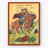 Icon of Sts. Theodore the Tyro and the Commander on horseback with a dragon, framed in red.