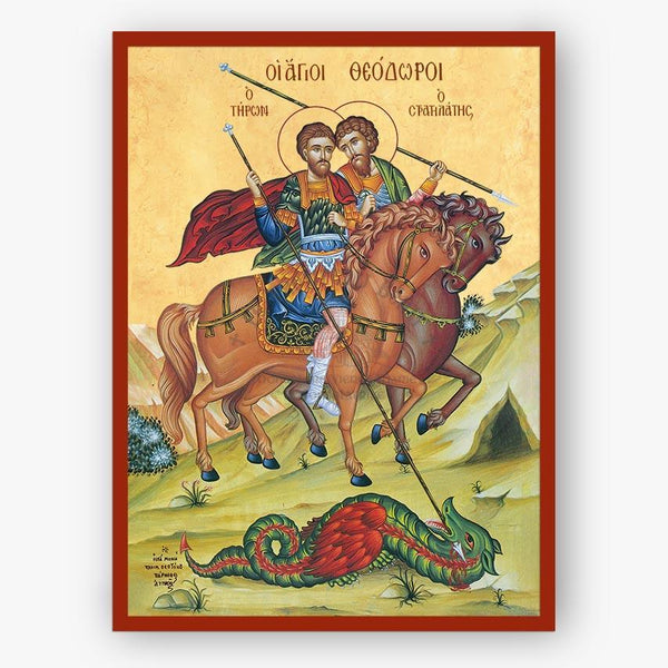Icon of Sts. Theodore the Tyro and the Commander on horseback with a dragon, framed in red.