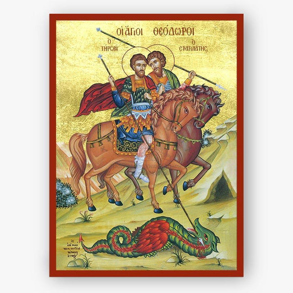 Icon of Sts. Theodore the Tyro and the Commander on horseback with a dragon, framed in red border on gold background