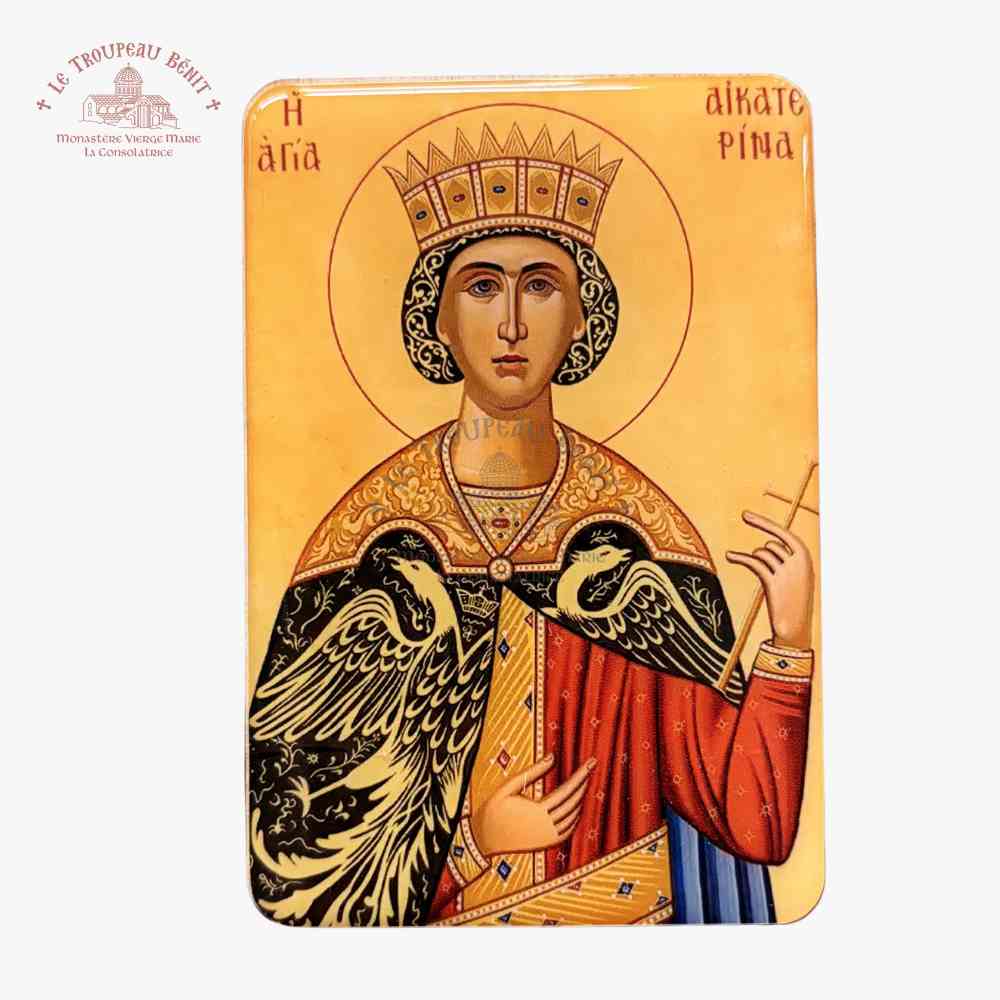 Decorative card with a religious icon of Saint Catherine wearing a crown and holding an angelic figure with 'Troupeau Benit' logo branding.