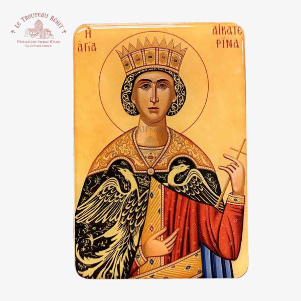 Decorative card with a religious icon of Saint Catherine wearing a crown and holding an angelic figure with 'Troupeau Benit' logo branding.