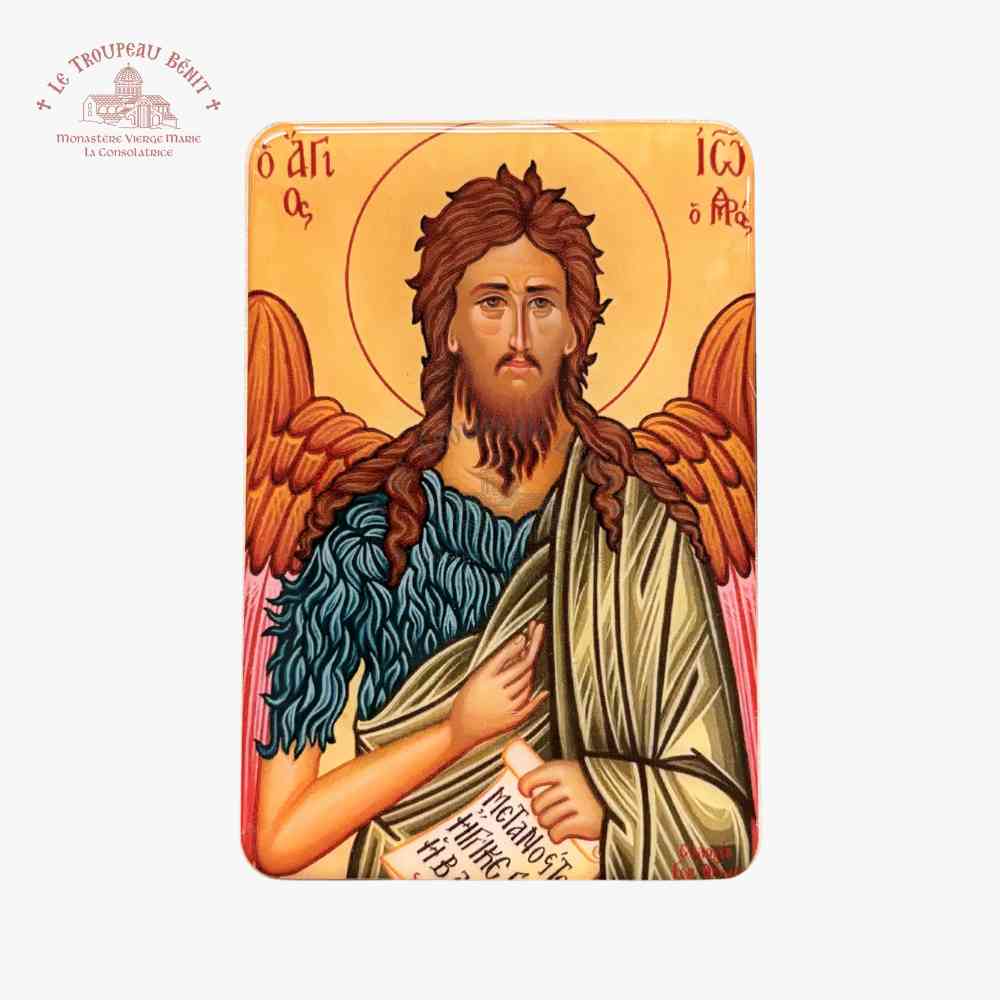 Decorative icon of Saint John the Baptist with a gold background and 'Troupeau Benit' logo branding
