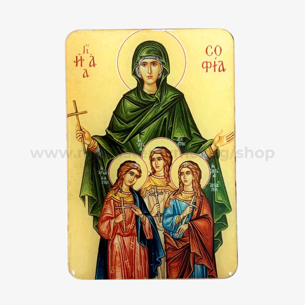 Orthodox pocket size icon of Saint Sophia & daughters Pistis, Elpis and Agape sold by the sisters of monasterevmc.org