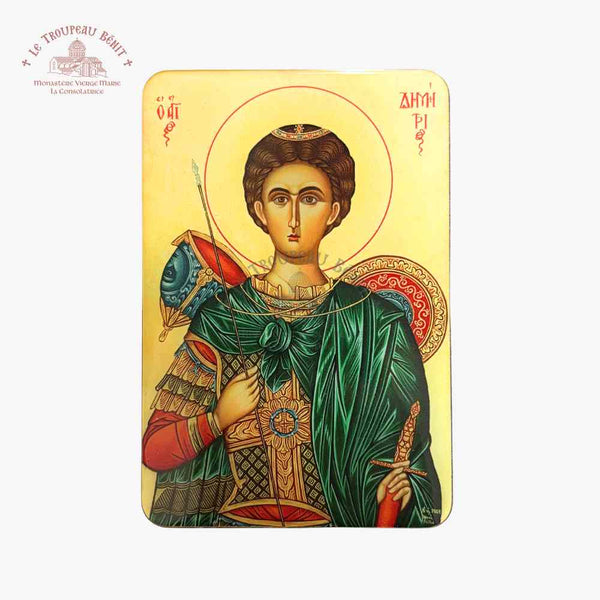 Decorative card with a religious icon of a figure in green and red robes on a yellow background with 'Troupeau Benit' logo branding