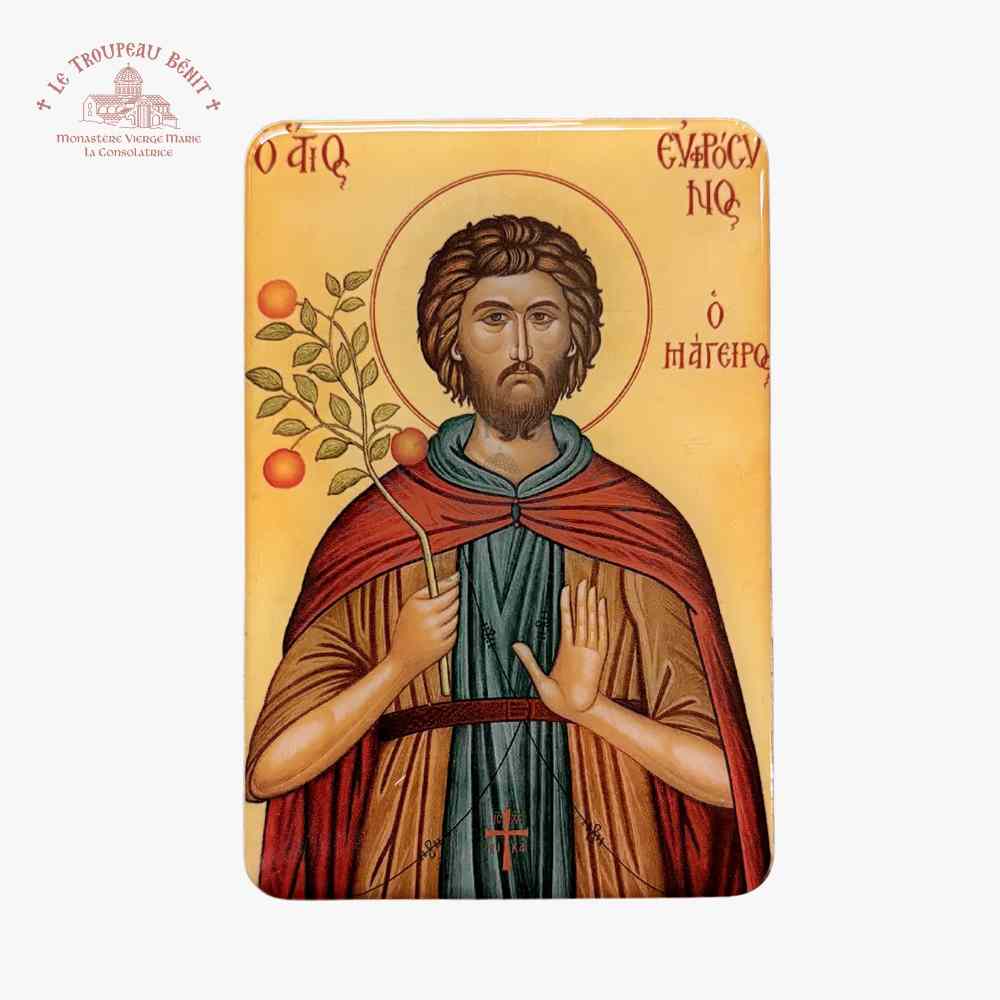 Icon of Saint Ephrosynos holding an orange branch with a yellow background with 'Troupeau Benit' logo branding