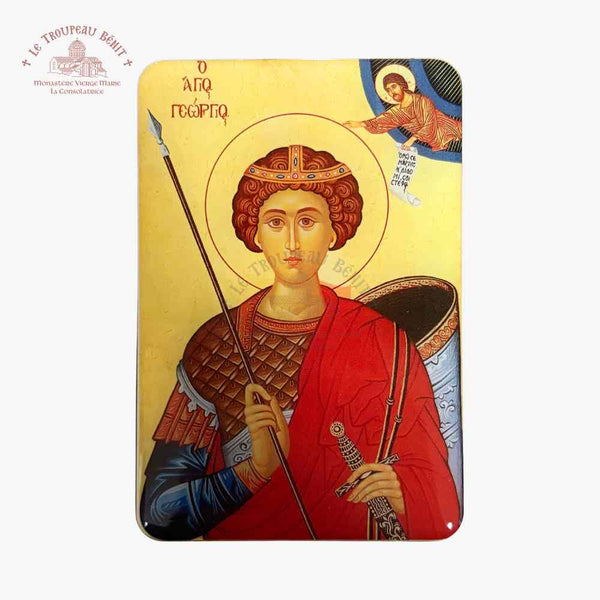 Icon of a religious figure holding a spear and sword on a gold background with 'Troupeau Benit' logo branding